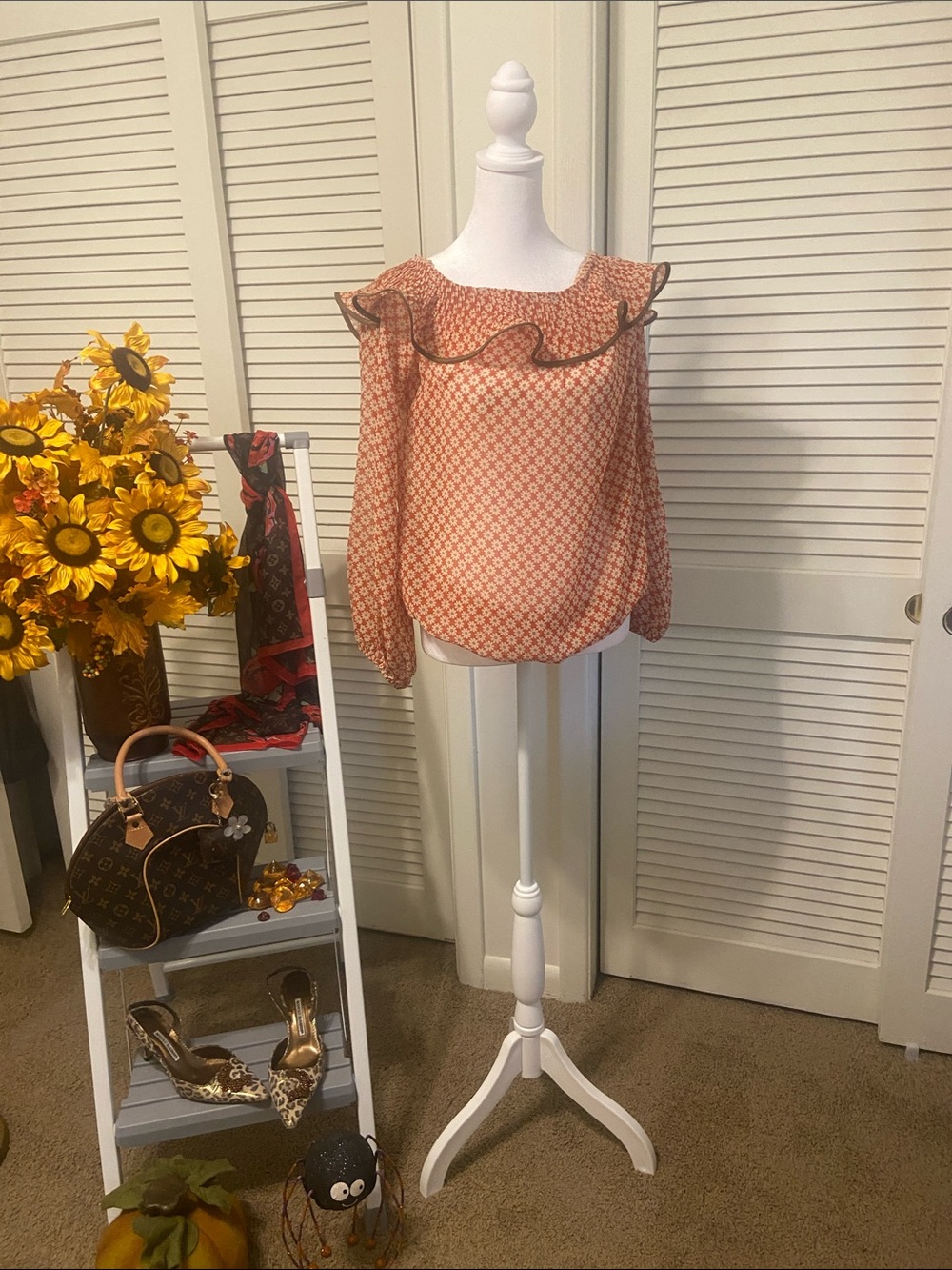 Areve Peach-Terracotta Ruffle Neck Blouse